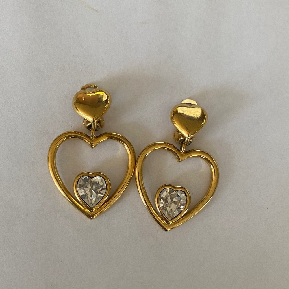 Vintage 80s runway style Heart Drop crystal clip gold tone Earrings